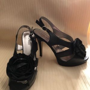Nine West Black Sling Back Heels, Flower, Size 8.5